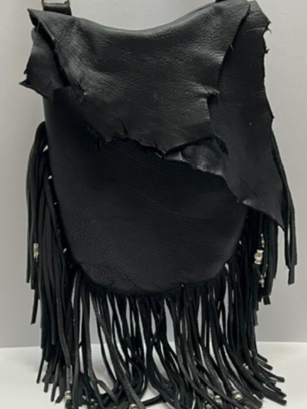 Hand Crafted Leather Ladies Fringed Biker Hip Bag w/Detach Crossbody Strap Black - Picture 2 of 8